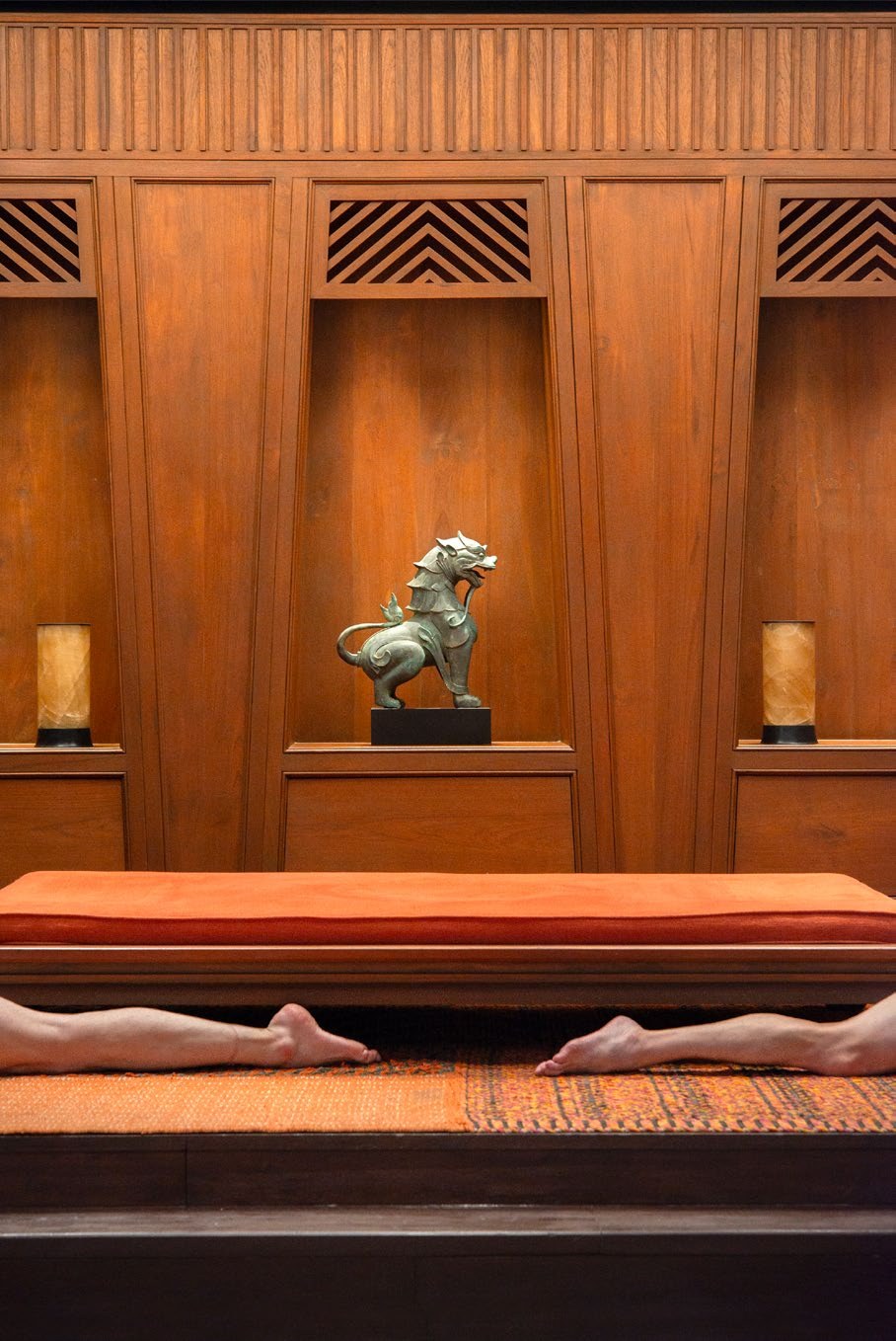 Julien Spiewak, Burmese style bronze lions, Art, teak wood tang, Alex. Siri Sala Private Thai Villa, 2024