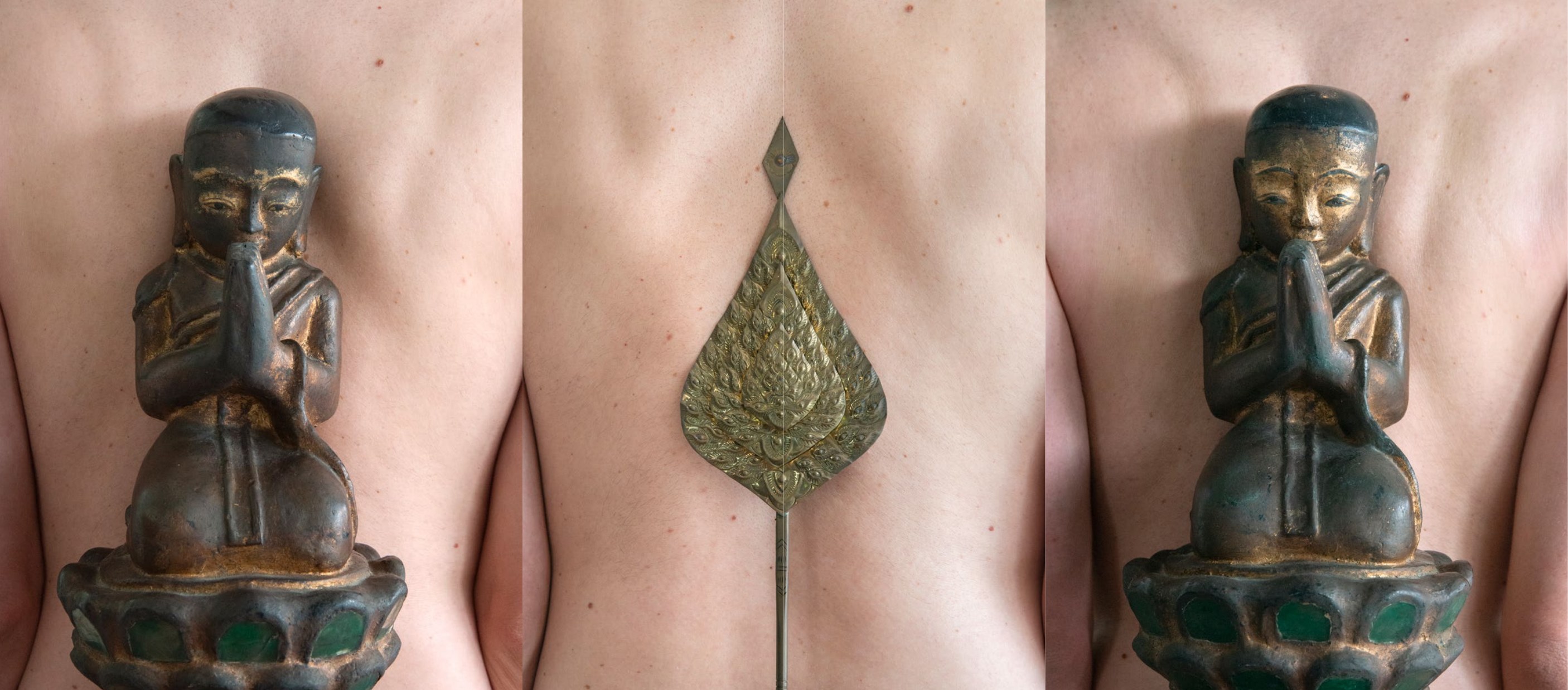 Julien Spiewak, Kneeling novice monk in wood, Alex, Buddhist ceremonial fan in bronze. Siri Sala Private Thai Villa, 2024
